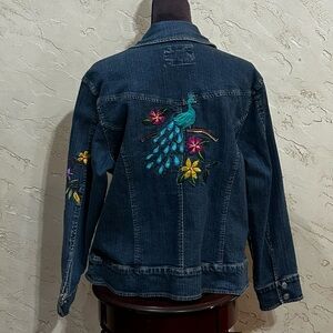A.M.I. Boho Women’s Denim Jean Jacket with Embroidered Peacock & Flowers size 1X